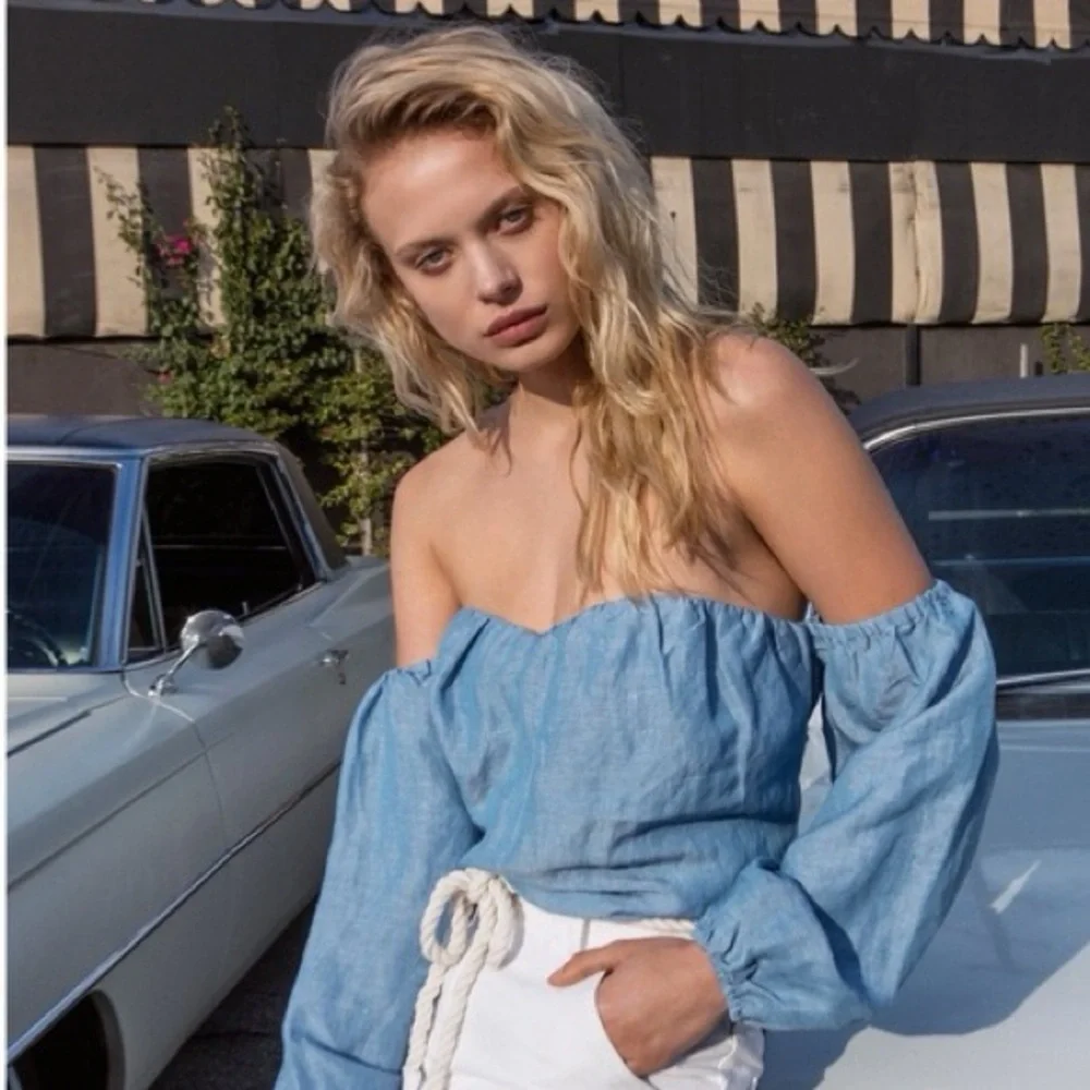Free People Chambray Off Shoulder Long Sleeve Boho Top Blue NWT L